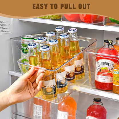 Freebat 12 Pack Middle Organizers and Storage, Pantry Organization and Storage Bins, Cabinet Organizer, Clear Plastic Storage Containers with Handle，Acrylic Storage Bins for Cabinet, Fridge