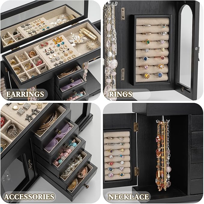 Miratino Jewelry Box for Women Girls, Wooden Jewelry Organizer Box with Mirror, 5 Layer Jewelry Storage Case Display for Necklaces Earrings Rings Bracelets Valentine's Day Gifts