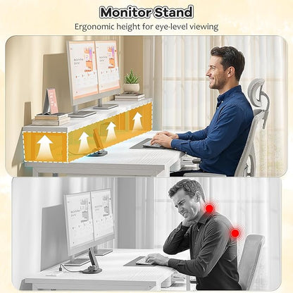 55 Inch Computer Desk with Monitor Shelf&LED Lights,Home Office Desk with Power Outlet&Printer Storage Shelves,Gaming Desk with Drawer,White Study Table for Bedroom Home Office