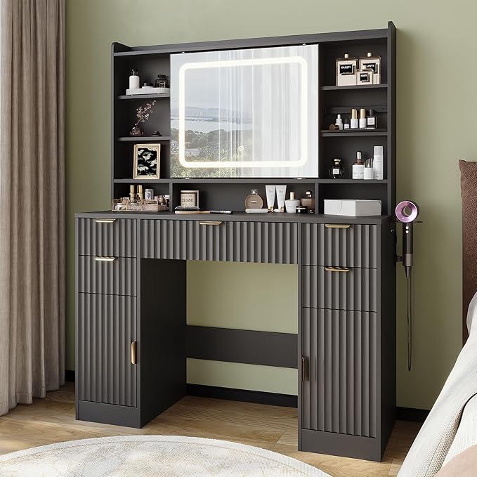 43.3" Fluted Vanity Desk with Mirror and Lights, Wood Makeup Vanity Desk with Charging Station & Mobile Mirror, Modern Dressing Table with Adjustable Shelves & Jewelry Hooks for Girls, Women, Black