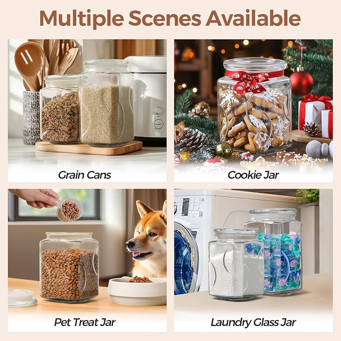 ComSaf 78oz Large Glass Storage Container with Airtight Lid, Thick Square Flour and Sugar Jar for Pantry Organization, Wide Mouth Glass Canister for Rice, Pasta, Cereal, Laundry Detergent