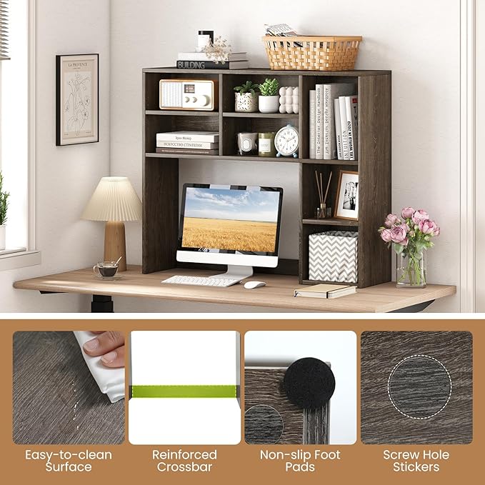 Desk Hutch, Desktop Shelf with 7 Shelves, Desk Bookshelf w/Anti-Toppling Devices, Wood Table Top Bookshelf Organizer, Small Desk Shelf for Study, Office, Dorm (Grey, 7 Shelves)