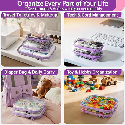 YQBRAO 4-Pack Clear Hard Shell Zipper Case, 1.2mm Ultra-Thick Diaper Bag Organizer Pouches, Rigid Self-Standing Travel Makeup Bags with YKK Zippers, TSA Approved, Purple