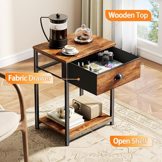 Furologee End Table with Storage Shelf and Fabric Drawer, 2 Tiers Industrial Nightstand, Bedside Table Organizer for Living Room Bedroom, Rustic Brown, Easy Assembly