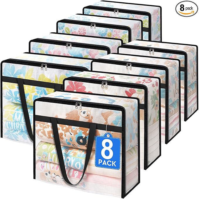 TasticTotes 8 Pack Clear Storage Bags for Comforter, Clothes & Bedding, Plastic Blanket Storage with Zipper and Handle, Moving Bags, Closet Organizer and Under-Bed Storage (60L)