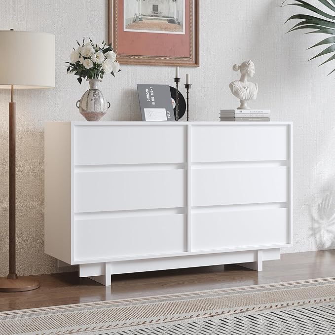47" Wide Dresser for Bedroom with 6 Drawers,White Modern Dressers Chest of Drawers,Wooden TV Stand,Closet Clothes Organizer for Bedroom,Hallway