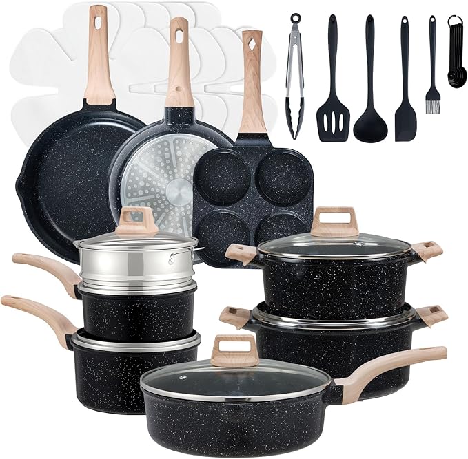 Sweetcrispy Pots and Pans Set, 25 Pcs Nonstick Cookware Set, Induction Kitchen Cooking Set, Non-Toxic Frying Pans & Saucepans (PFOA/PFOS Free) Black
