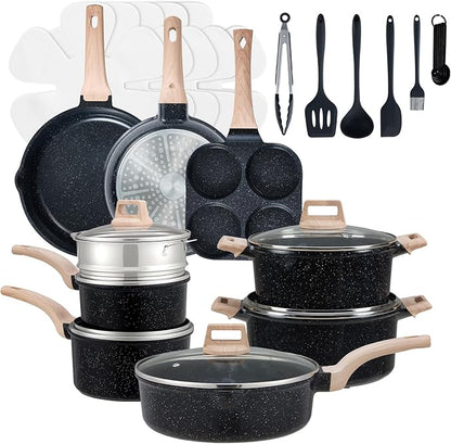 Sweetcrispy Pots and Pans Set, 25 Pcs Nonstick Cookware Set, Induction Kitchen Cooking Set, Non-Toxic Frying Pans & Saucepans (PFOA/PFOS Free) Black