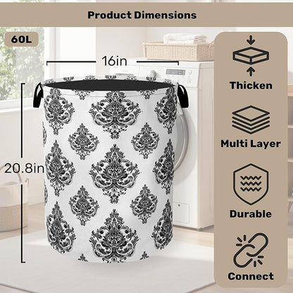 Black White Damask Flower Foldable Laundry Hamper - Waterproof Fabric Storage Basket with Handles, Clothes Hampers for Laundry,Bedroom,Dorm