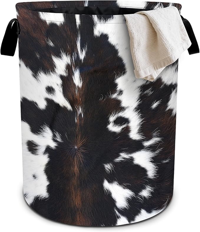 White Black Cowhide Laundry Basket Laundry Hamper With Handles Collapsible Laundry Baskets Storage Basket For Room Bathroom Bedroom Decor