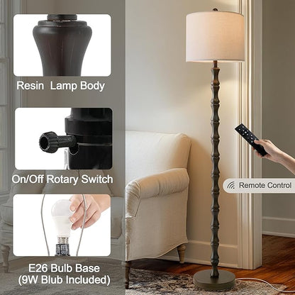 BOBOMOMO 62" Rustic Farmhouse Floor Lamp Dark Brown with Remote & Dimmable 9W Bulb, 3 Color Temperatures Resin Standing Lamp, Retro Tall Lamp for Living Room, Bedroom, Nursery, Office, Reading Nook