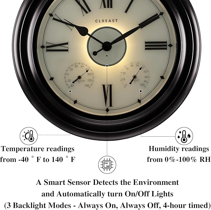 CLXEAST Illuminated Outdoor Indoor Metal Clocks Waterproof 24 inch, Oil Rubbed Bronze Black,Oversized Large Outdoor Roman Numeral Wall Clock with Thermometer & Hygrometer