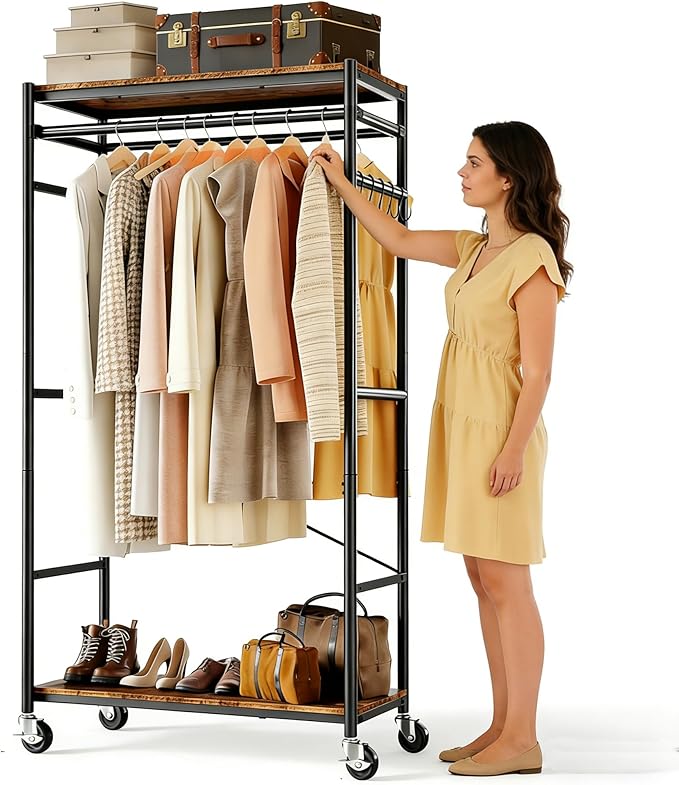 HOKEEPER Heavy Duty Rolling Garment Rack, Wood & Metal Clothing Rack with Shelves, Adjustable Height Freestanding Wardrobe for Bedroom, Freestanding Closet Organizer, Max Load 450 LBS