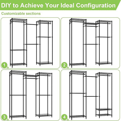 Heavy Duty Clothes Rack, Freestanding Garment Rack System Closet Organizer for Hanging Clothes, Metal Wire Clothing Rack with 5 Shelves & 5 Rods,Adjustable Wardrobe Shelf,Black