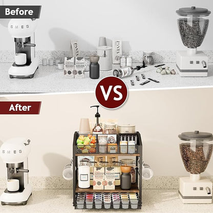 Homsorout Coffee Bar Organizer - Countertop Coffee Station, 42 K Cup holder Storage Basket with Drawer and Hooks for Syrup, Cups, Stirrer, Condiment, Tea Organizer, Black and Brown