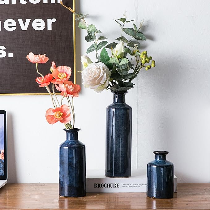 Blue Ceramic Vase Set of 3, Modern Farmhouse Small Vases, Rustic Terracotta Bottles for Living Room Fireplace, Centerpiece Table Decor