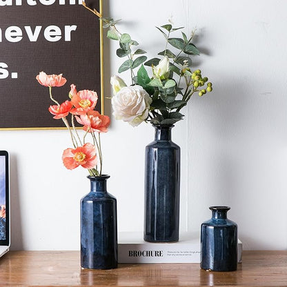 Blue Ceramic Vase Set of 3, Modern Farmhouse Small Vases, Rustic Terracotta Bottles for Living Room Fireplace, Centerpiece Table Decor