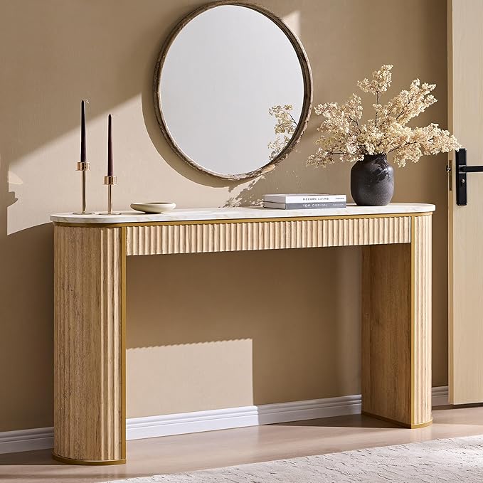 OKD Modern Fluted Console Table, 63" Long Narrow Entryway & Sofa Tables for Hallway, Tall Accent Table Behind Couch for Foyer Living Room, Natural Oak