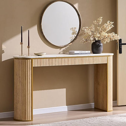 OKD Modern Fluted Console Table, 63" Long Narrow Entryway & Sofa Tables for Hallway, Tall Accent Table Behind Couch for Foyer Living Room, Natural Oak