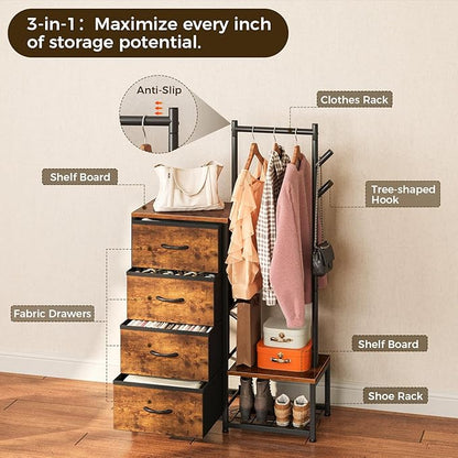 KKL Small Dresser for Bedroom with Clothes Hanging Rack, Reversible Bedroom Dresser with Shoe Rack & 4 Fabric Drawers, 3-in-1 Storage Chest of Drawers with Storage Shelves & Tree Hooks, Vintage
