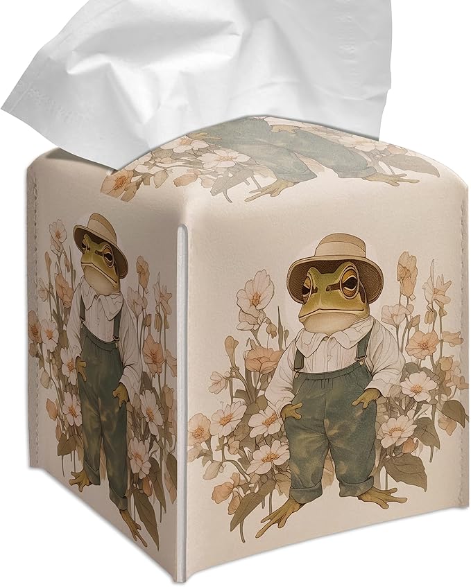 Grace Yonks Vintage Frog Tissue Box Cover Square, Overalls Cottagecore Floral Cube Case for Facial Tissues, 5.2" PU Leather(081)