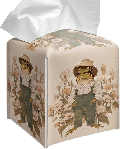 Grace Yonks Vintage Frog Tissue Box Cover Square, Overalls Cottagecore Floral Cube Case for Facial Tissues, 5.2" PU Leather(081)