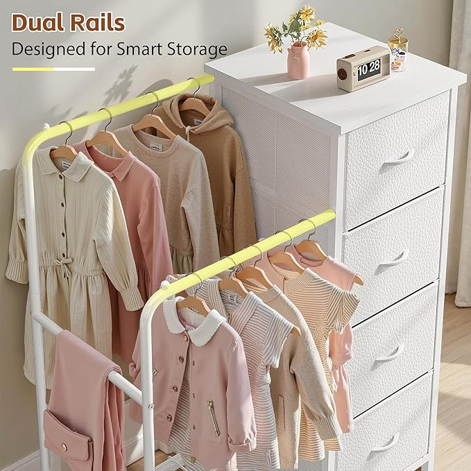 47.3" H Dresser with Hanging Rack, 4 Fabric Drawers with Double Clothes Rack & Wheels, Tall Closet Organizer Dresser for Bedroom, Entryway, White, 15.8" D x 29.9" W x 47.3" H