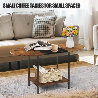 Small Coffee Tables for Living Room,Mid Century Oval Center Table with Storage Shelf and Wood Tabletop,2-Tier Farmhouse Narrow Cocktail Tea Table for Small Space,Apartment,Rustic Brown