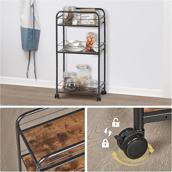 Bar Cart, Small Bar Cart for Small Spaces, 3-Tier Rolling Kitchen Cart on Wheels, Slim Narrow Liquor Cart with Protective Fence, Industrial Mini Coffee Station for Home, Rustic Brown