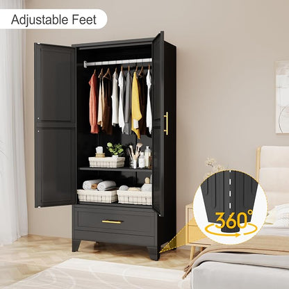 winiowa Metal Armoire Wardrobe Closet with Drawer, 71" Wardrobe Cabinet with Adjustable Shelves and Hanging Rod, Clothing Storage Cabinet Closet for Bedroom-Black
