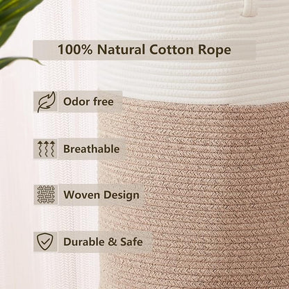80L Extra Large Laundry Hamper Basket Tall Woven Rope Clothes Hamper Blanket Basket for Living Room Bathroom Bedroom Brown 16"L x 16"W x 22"H