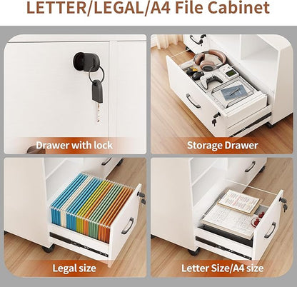 Semoic 2 Drawer Mobile Lateral File Cabinet with Lock, Lockable Wood Filing Cabinet with Open Storage Shelves, Printer Stand Office Storage Cabinet for Home Office Fits Files Legal/A4 Size, White