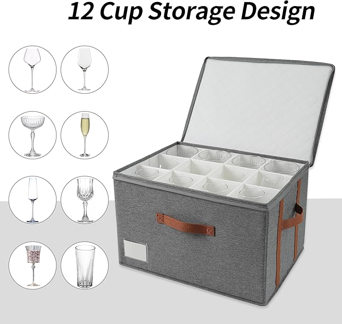 Stemware Storage Cases,Wine Glass Storage Box,with Dividers, Holds 12 Red or White Wine Glasses, Durable Glassware Storage Containers for Crystal or Stemware(Grey red, Stemware storage cases)