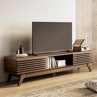 AODK 70.8" TV Stand for 55"/65"/75" TVs, Mid-Century Modern Fluted Entertainment Center with Sliding Doors, Storage Cabinets & Media Console Table, Living Room & Bedroom, Walnut