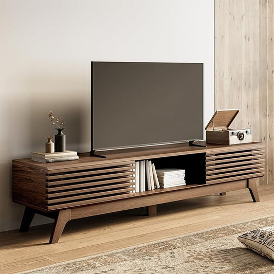 AODK 70.8" TV Stand for 55"/65"/75" TVs, Mid-Century Modern Fluted Entertainment Center with Sliding Doors, Storage Cabinets & Media Console Table, Living Room & Bedroom, Walnut