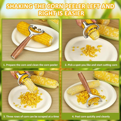 Stainless Steel Corn Peeler, Durable Corn on the Cob Stripper Tool with Solid Wood Good Grip Handle for Salad Polenta Pizza Popcorn Cooking Gifts for Woman Her Mom Birthday （Rosewood）