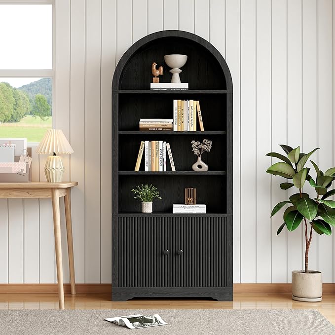 70" Arched Bookcase with Storage, 6 Tier Bookshelf with Door, Freestanding Display Storage Cabinet Farmhouse Storage Shelves for Living Room,Bedroom Home Office,Black Oak-2