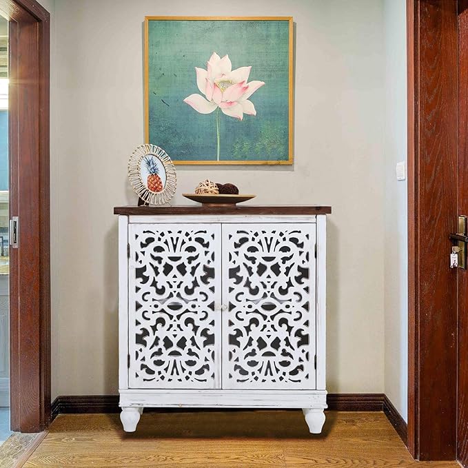 Sophia & William Accent Cabinet with Doors, Distressed Display Storage Cabinet with Wooden Frame and Hollow-Carved Floral Pattern for Entryway Living Room, White