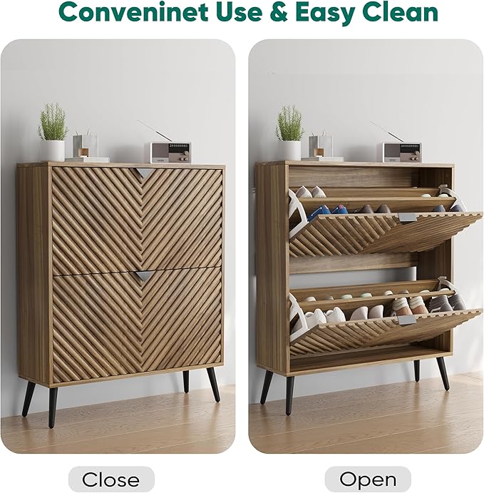 Smuxee Walnut Shoe Cabinet with 2 Flip Drawers, 31.5" Hidden Shoe Storage Cabinet with Fluted Diamond Doors, Freestanding Shoe Organizer Cabinet for Entryway, Hallway, Living Room