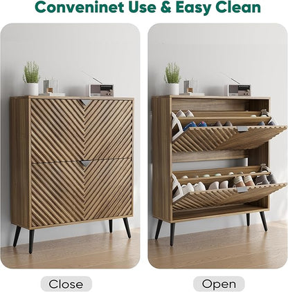 Smuxee Walnut Shoe Cabinet with 2 Flip Drawers, 31.5" Hidden Shoe Storage Cabinet with Fluted Diamond Doors, Freestanding Shoe Organizer Cabinet for Entryway, Hallway, Living Room