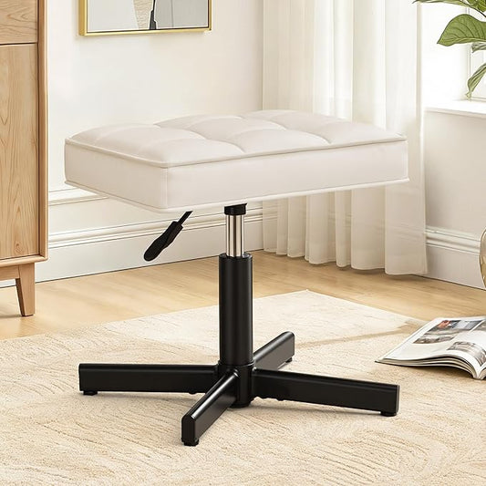 LUE BONA Adjustable Vanity Stool, 15''-19.5'' Foot Rest Under Desk, 360° Swivel Vanity Chair for Makeup Room, Cream Upholstered Faux Leather Ottoman for Bathroom & Living Room, 300lbs