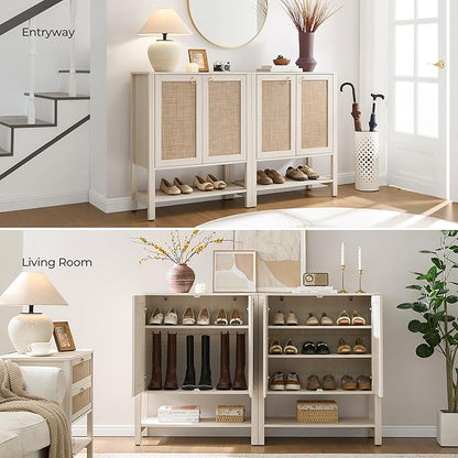 SICOTAS Shoe Cabinet with Storage - 3 Pieces Farmhouse Shoe Organizer with Rattan Doors & Shelves, 5 Tier Free Standing Shoe Rack Storage Cabinet for Entryway, Living Room, Closet (White Cream Oak)