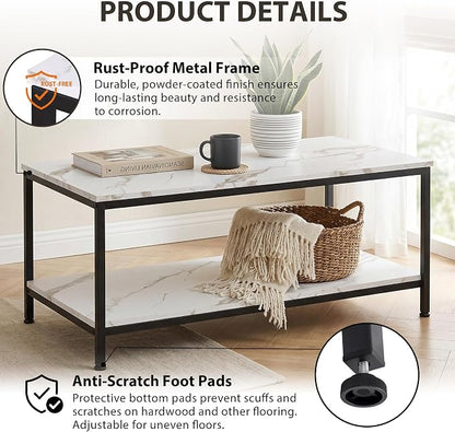 SUPER DEAL 2-Tier Coffee Table with Storage Shelf for Small Apartment Living Room, Rectangle Wood and Stable Metal TV Stand Side End Table, White Marble