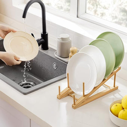 HBlife Bamboo Wooden Dish Drying Rack, 1 PCS Plate/Dish/Book/File/Bowl/Cup/Cutting Board/Pot Lid Organizer for Kitchen Counter, Office, Display Cabinet