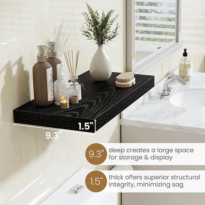 Fun Memories 48 Inch Floating Shelves in Black, 9.3 Inch Deep Wall Shelves for Bathroom, Living Room, Bedroom, Kitchen, Deep Long Shelf Wall Mounted 2 Pack Shelf for Books, Decor