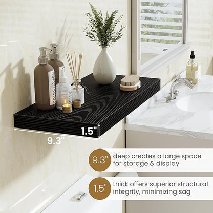 Fun Memories Black Floating Shelves 24 Inch Long, 9.3 Inch Deep Floating Shelf for Lving Room, Bedoom, Kitchen, Deep Wall Shelves for Bathroom, 2 Pack Storage Display Shelf for Books, Decors