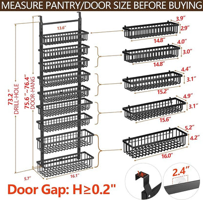 POKIPO 9 Tier Over The Door Pantry Organizer, 2 in 1 Wall Mount or Hanging Spice Rack with Adjustable Deep Basket, Heavy-Duty Seasoning Organizer and Storage for Kitchen Cabinet Closet Bathroom