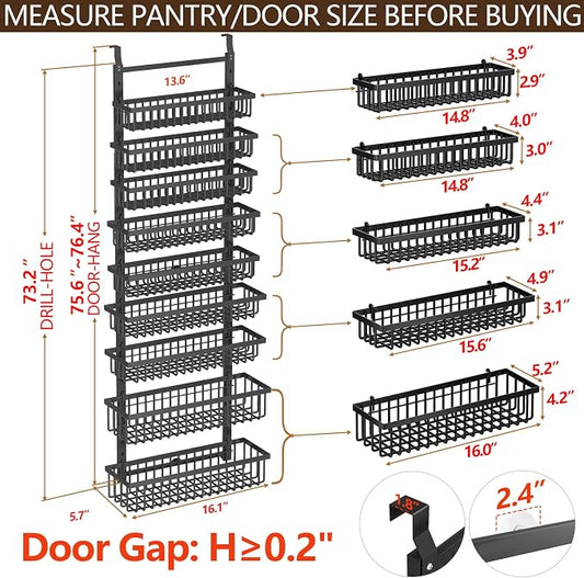 POKIPO 9 Tier Over The Door Pantry Organizer, 2 in 1 Wall Mount or Hanging Spice Rack with Adjustable Deep Basket, Heavy-Duty Seasoning Organizer and Storage for Kitchen Cabinet Closet Bathroom