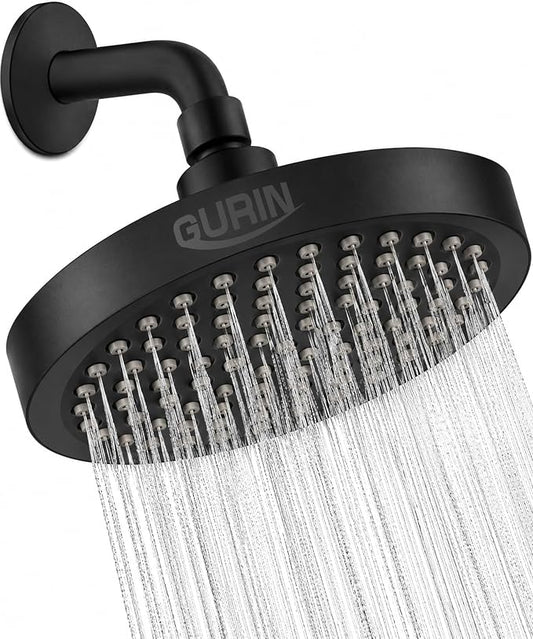 GURIN Shower Head - Powerful High Pressure Rain Shower Head 6 Inch - Luxury Rainfall Showerhead with Adjustable Angles, 90 Anti-Clog Nozzles, Tool-Free 1-Min Install, Premium Matte Black Finish