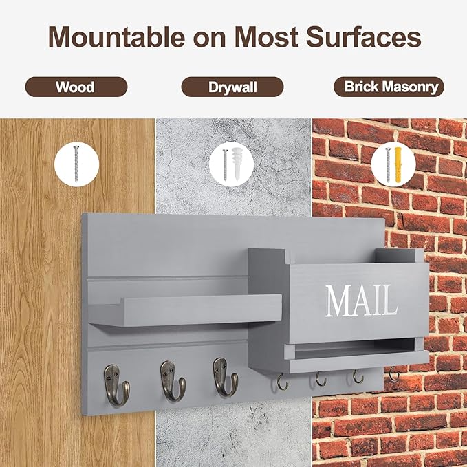 Mail Organizer for Wall Mount – Key Holder with Shelf Includes Letter Holder and Hooks for Hallway Farmhouse Decor – Rustic Wood with Flush Mounting Hardware (16.5” x 9.1” x 3.4”) (Gray)